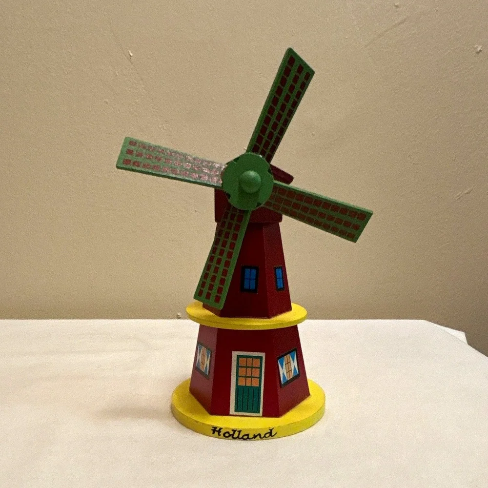 Painted Wood Holland Windmill Figurine 5 in Red Green Yellow Blue
